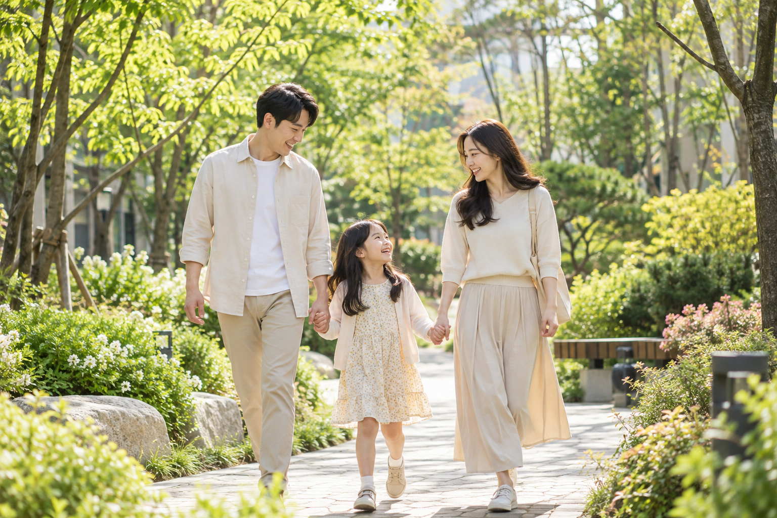 공원 길을 함께 걷는 가족의 모습